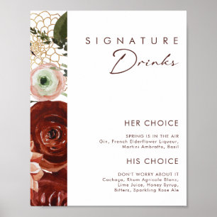 Poster Marsala Outono Floral   Sinal de Bebidas Especiais