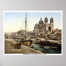 Marseilles Harbor & Cathedral 1900 antiga França