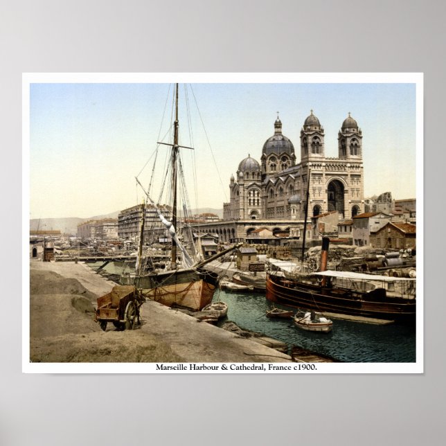 Poster Marseilles Harbor & Cathedral 1900 antiga França (Frente)