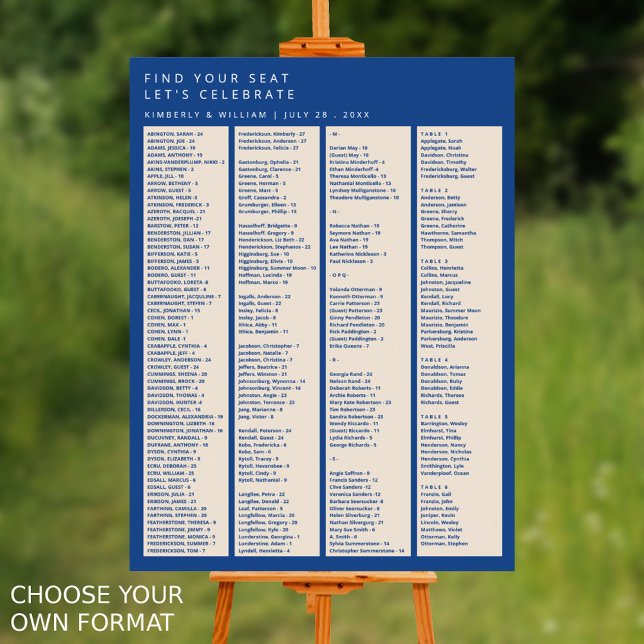 Poster Marselha Bleu 240 Guest Wedding Seating Chart (Marseille Bleu Modern Wedding Seating Chart Alphabetical Up To 240 Guests Choose Your Own Format)
