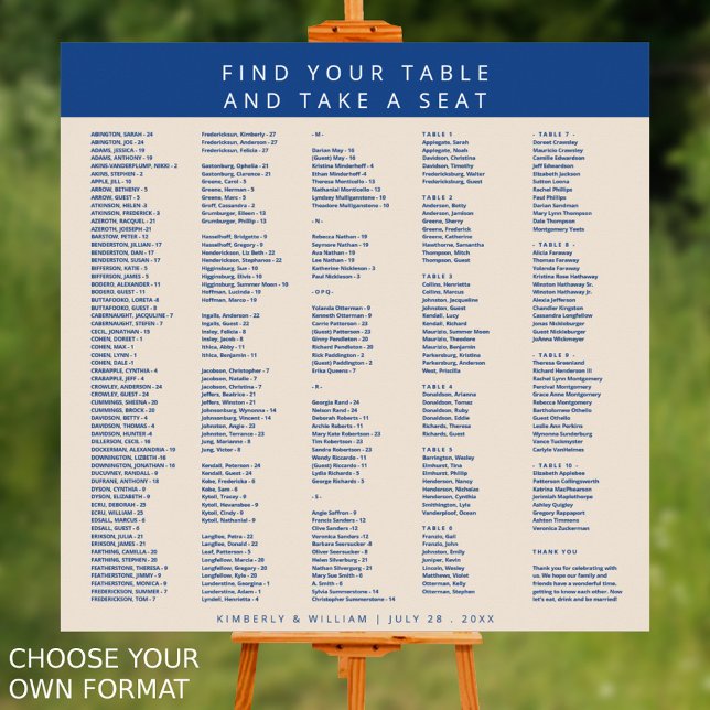 Poster Marselha Bleu 300 Convidados (Marseille Bleu Modern Wedding Seating Chart Alphabetical For Up To 300 Guests Choose Your Own Format)