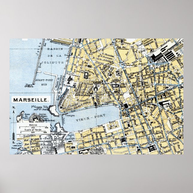 Poster Marselha, France Vintage Map (Frente)
