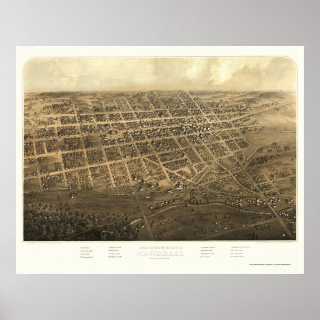Poster Marshall, MI Mapa Panorâmico - 1868 (Frente)