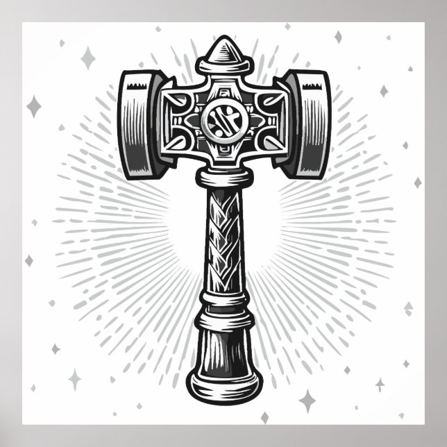 Poster Martelo de Thor Mjolnir preto e branco (Frente)