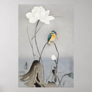 Poster Martim-pescador com Flor de Lótus Arte Japonesa Fi