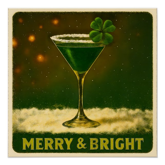 Póster Martini de Natal Irlandês com Trevo de 4 Folhas Re (Frente)