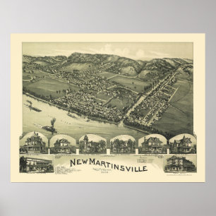 Póster Martinsville novo, mapa panorâmico de WV - 1899