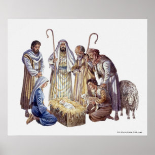 Poster Mary, Joseph e pastores ao redor de Jesus bebê