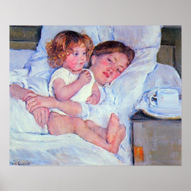 Póster Mary Stevenson Cassatt-Breakfast na cama (Frente)
