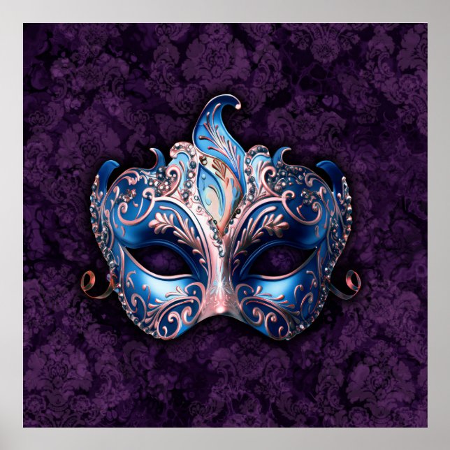 Poster Máscara Azul Elegante de Mascarada (Frente)