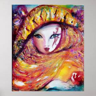 PÓSTER MÁSCARA CARNIVAL AMARELO COM ROSA VERMELHA