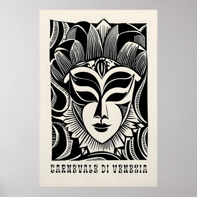 Poster Máscara de Carnaval Veneziano Impressa Preto e Bra (Frente)