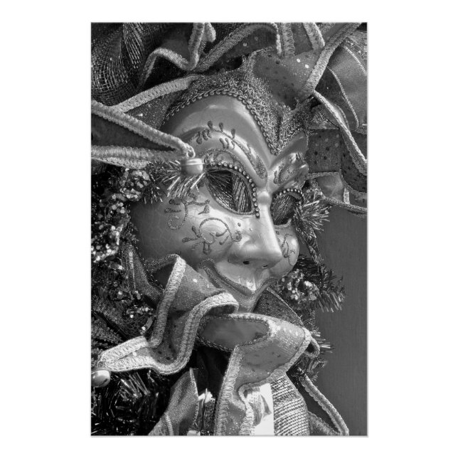 Póster Máscara de Gras Mardi Preto e Branco (Frente)