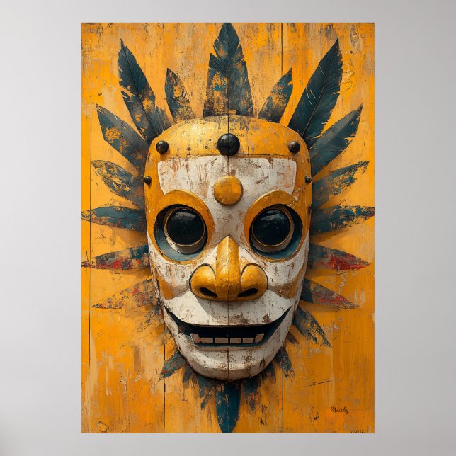 Poster Máscara de Guerreiro Solar – Símbolo Ritual Mesoam (Frente)