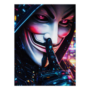 Póster Máscara de Hacker Cyberpunk Brilho Neon Shush