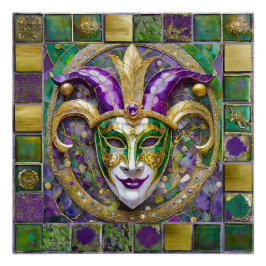Póster Máscara de Jester Mardi Gras Roxo Verde Dourado