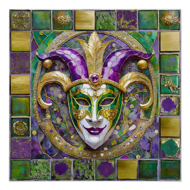 Póster Máscara de Jester Mardi Gras Roxo Verde Dourado (Frente)