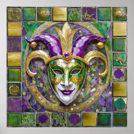 Poster Máscara de Jester Mardi Gras Roxo Verde Dourado