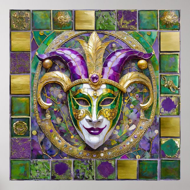 Poster Máscara de Jester Mardi Gras Roxo Verde Dourado (Frente)