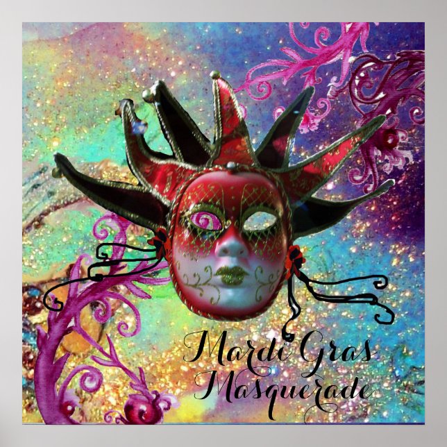 Poster MÁSCARA DE JESTER NEGRO E VERMELHO NA FESTA DE Mas (Frente)