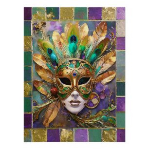 Póster Máscara de Pena de Pavão Dourado e Verde de Mardi