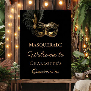 Poster Máscara dourada preta de Quinceanera bem-vindo