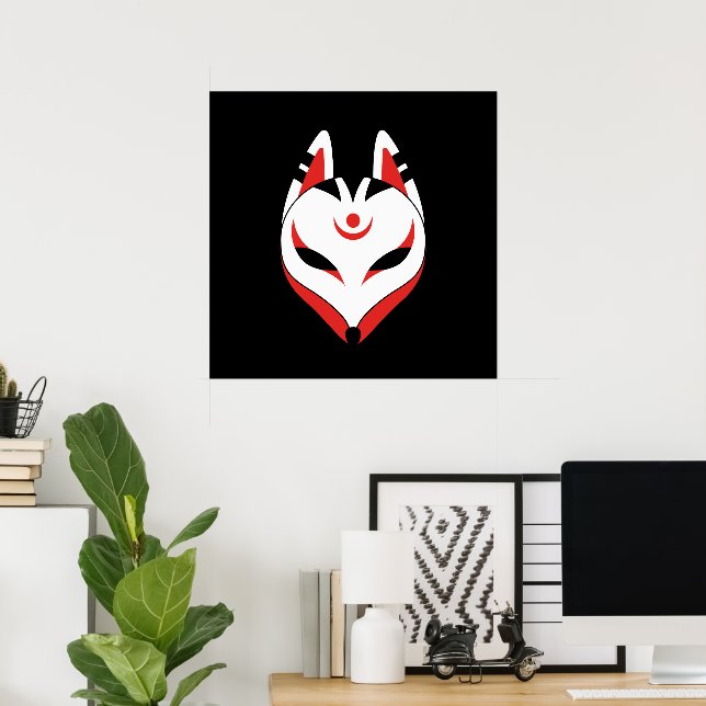 Póster Máscara Japonesa de Raposa Kitsune em Preto (Escritório em casa)
