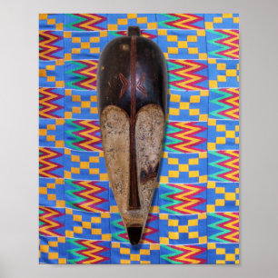 Poster Máscara Tribal Africana Azul Amarelo Laranja Kente