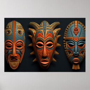 Poster Máscaras africanas em laranja e azul-turquesa