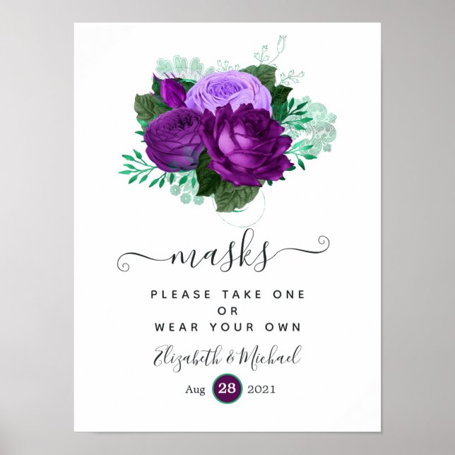 Poster Máscaras de Casamento Floral Roxo e Verde (Frente)