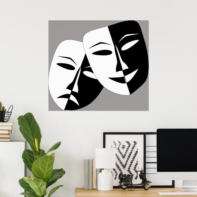 Poster Máscaras de Comédia e Drama Pretas e Brancas (Escritório em casa)