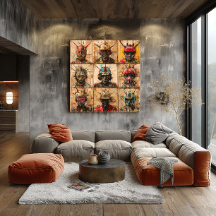 Poster Máscaras de Guerreiros Futuristas em grade abstrat