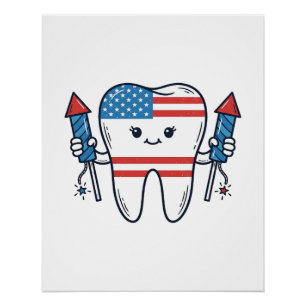Póster Mascote de Dente Patriótico Design de Fogos de Art