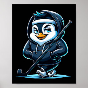 Poster Mascote de Pinguim de Hóquei no Gelo Com Taco e Pa