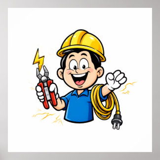 Poster Mascote Eletricista Energético Relâmpago Arte de D