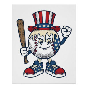 Póster Mascote Patriótico de Beisebol Desenho de Gravura 