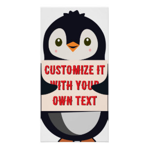 Póster Mascote pinguim segurando uma placa para texto per