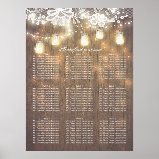 Poster Mason Jar Lights Lace Wood Wedating Chart (Frente)