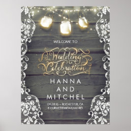 Póster Mason Jar Lights Lace Wood Weding Sign