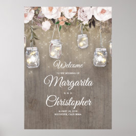 Póster Mason Jar Lights Rustic Weding Sign