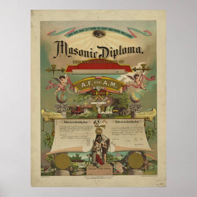 Póster Masonic Diploma Freemason Freemasonry 1891 (Frente)