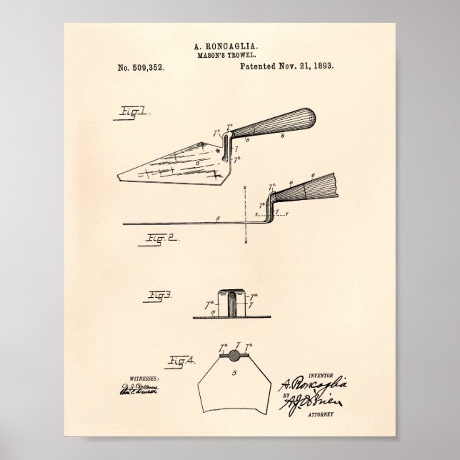 Poster Mason's Trowel 1893 Patent Art Old Peper (Frente)