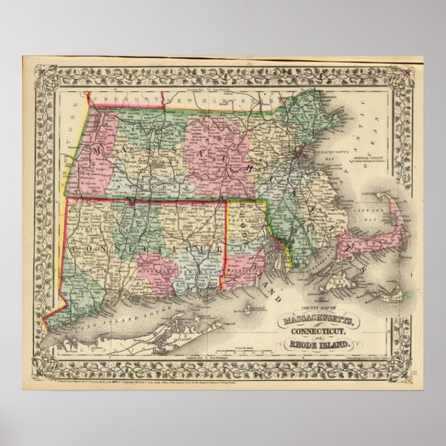 Poster Massa, Conn, Mapa RI de Mitchell (Frente)