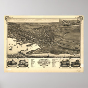 Póster Massa da praia de Nantucket. Mapa 1881 panorâmico