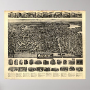 Póster Massa de Haverhill. Mapa 1914 panorâmico antigo