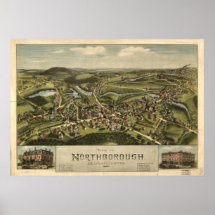 Poster Massa de Northborough. Mapa 1887 panorâmico antig