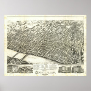 Poster Massa de Springfield. Mapa 1875 panorâmico antigo