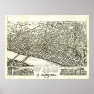 Poster Massa de Springfield. Mapa Panorâmico Antiquado de
