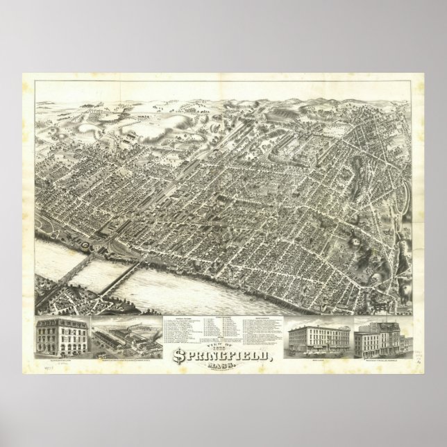 Poster Massa de Springfield. Mapa Panorâmico Antiquado de (Frente)