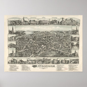 Póster Massa de Westborough. Mapa 1888 panorâmico antigo